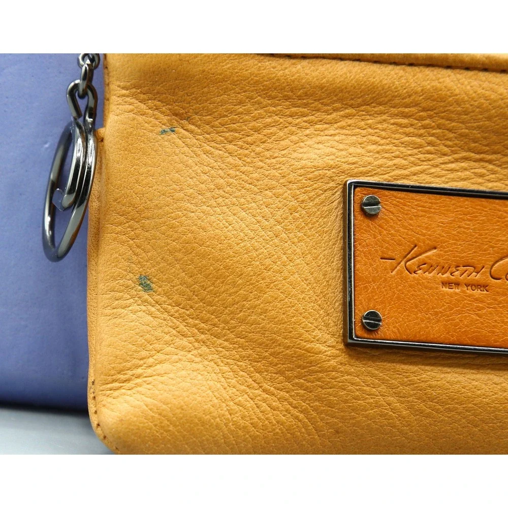 Kenneth Cole New York Mustard Yellow Leather Coin Purse Key Ring Pouch RN81633